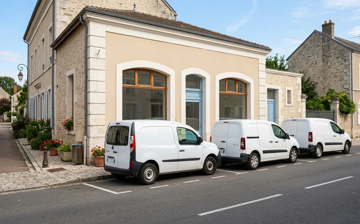 Utilitaires d'auto-entrepreneur garés devant local commercial