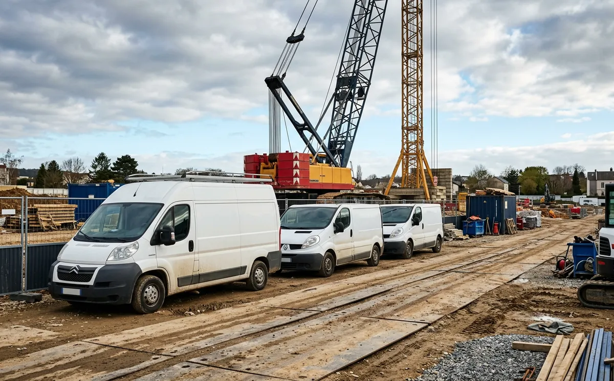 Utilitaires de BTP devant chantier
