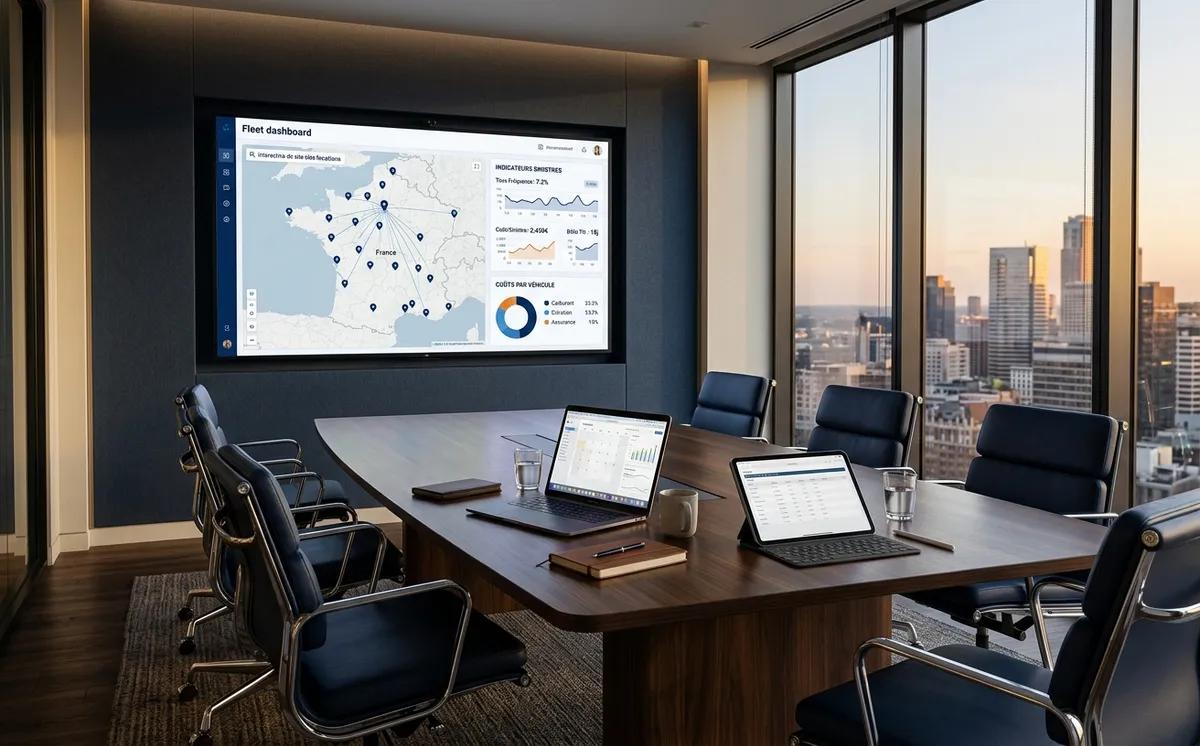 Salle de réunion avec dashboard flotte