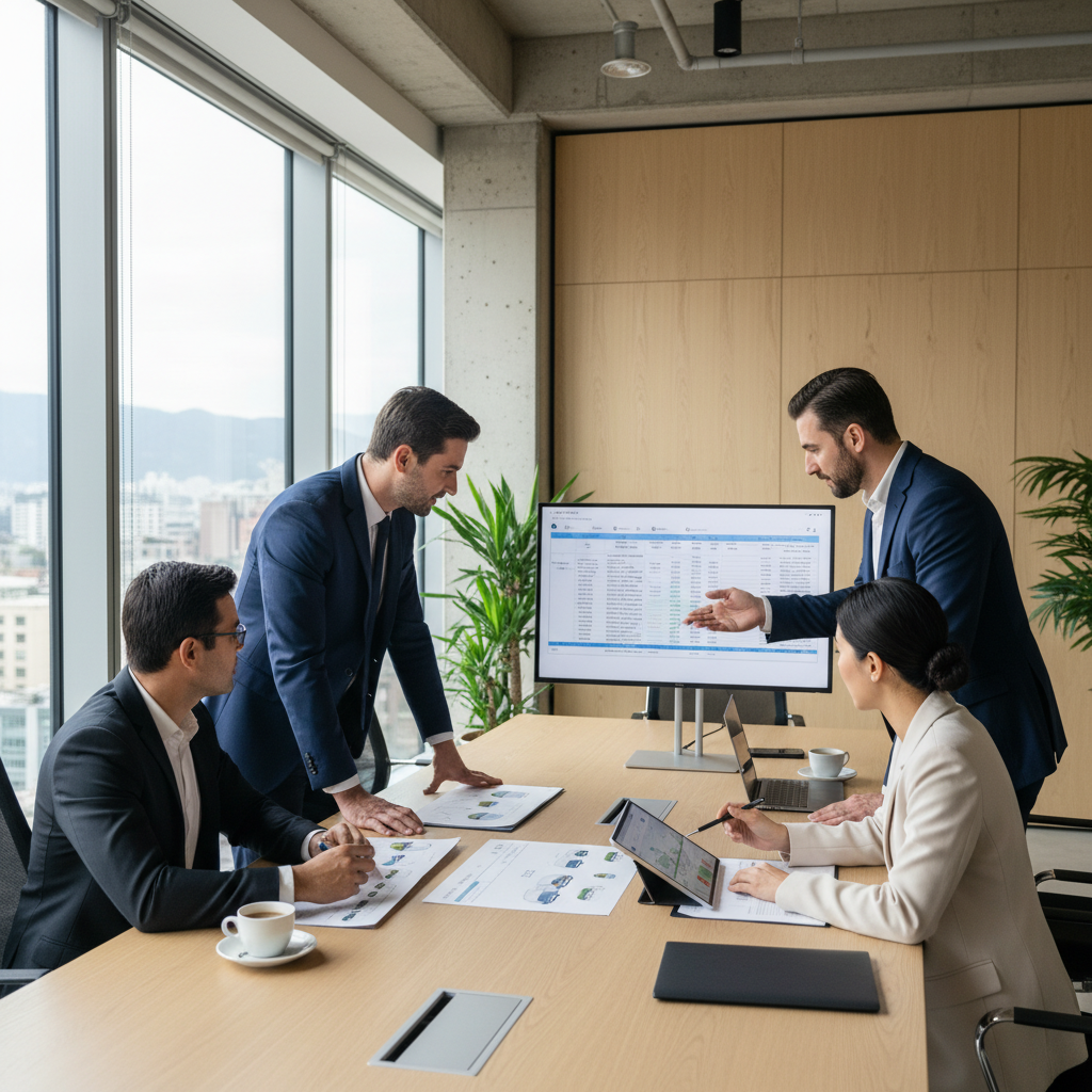 Équipe professionnelle examinant des documents de gestion de flotte automobile