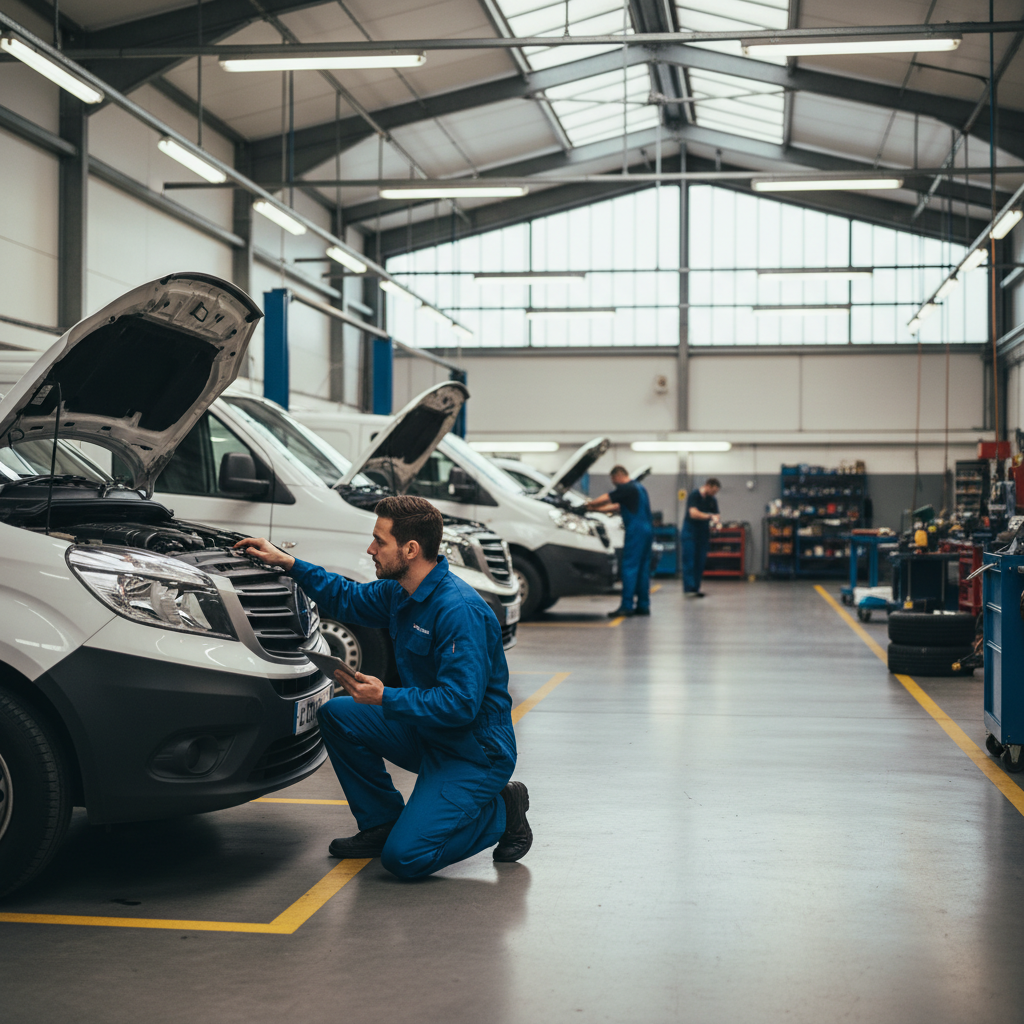 Mécanicien inspectant une flotte de véhicules utilitaires professionnels