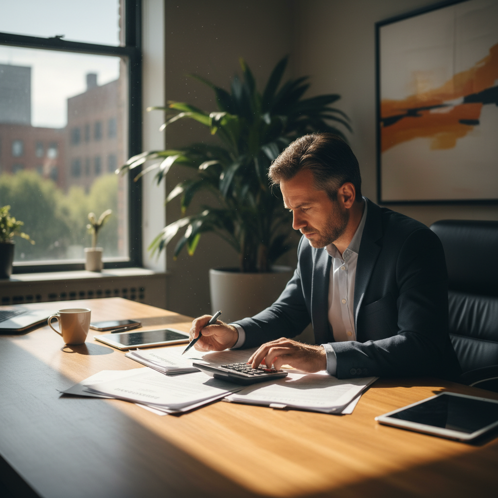 Chef d'entreprise analysant des documents d'assurance flotte